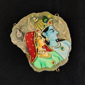 Radha Krishna Pendant, red with light blue Hand Painted On Onyx Stone