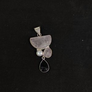 Gemstone Pendants , Silver Finish ,3 Stones, white and black