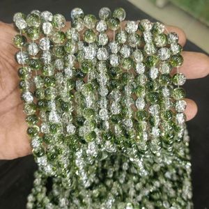 Crackle Glass Beads, 8mm Round, Olive Green