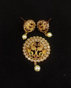 Antique Finish Side Peacock Pendent With Earrings