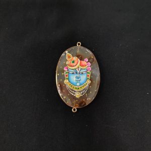 Onyx Pendant or connector Features a Krishna Painting on Onyx Stones Detailed with Gold Foil Borders, 1.5inch(approx)