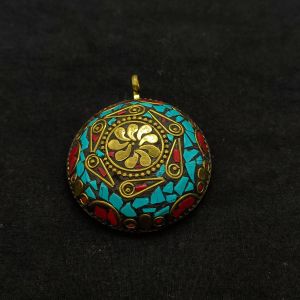 Tibetan Pendant, Round, Turquoise Blue And Red