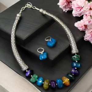 Agate Rondelle With German Silver Trunks Necklace, Multicolor