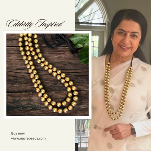 Hasini Aura - Double Layer Golden Beads Neckalce with black Crystals and Black Cotton Rope