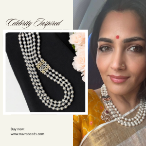 Kushboo Inspired 3 Layer Shell Pearl Necklace With Zircon Side Pendant 