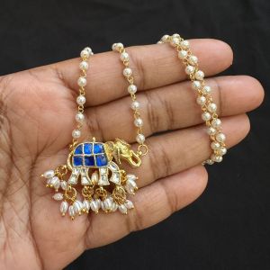 Jadau Elephant With Pearl Chains, Blue and White
