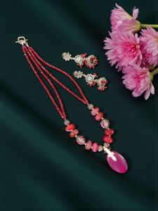 Lace Agate pendant with matching onyx Beads, Pink Double Shade