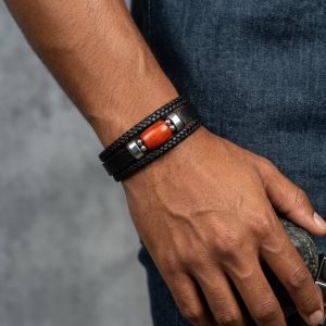 Navrabeads Single Piece Men’s Red Jasper Gemstone Bracelet with Black Faux Leather for Jewellery Wear | Rectangular Bead Design with Magnetic Clasp 8 Inch