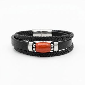 Navrabeads Single Piece Men’s Unakite Gemstone Bracelet with Black Faux Leather for Jewellery Wear | Rectangular Bead Design with Magnetic Clasp 8 Inch