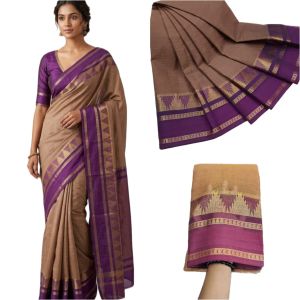 Navrabeads Chettinad Cotton Saree Fenugreek Colour with Maroon Gold Zari Border 
