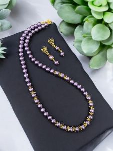Glass Pearl Necklace with Earrings , Grey