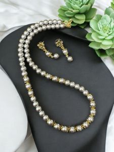 Glass Pearl Necklace with Earrings , Light Grey