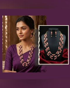 Navrabeads Handmade Multi-Layer Statement Necklace Set for Women | Pink Tulip Beads & Purple Quartz Beads with Pearl Detailing | Ethnic Party Wear Jewellery Description: Add a royal touch to your jewellery collection with this elegant handcrafted necklace