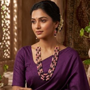 Navrabeads Handmade Multi-Layer Statement Necklace Set for Women | Pink Tulip Beads & Purple Quartz Beads with Pearl Detailing | Ethnic Party Wear Jewellery Description: Add a royal touch to your jewellery collection with this elegant handcrafted necklace