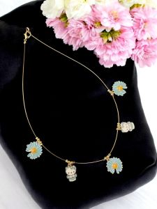 Invisible necklace Gold with Flower and kitty Charms