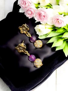 Designer beads with Agate Earrings, Gold Finish