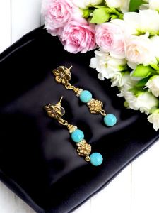 Gold Antique beads with Agate Earrings, Gold Finish