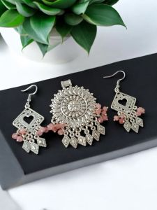 Oxidised pendant with crystals and charms drops and matching earrings
