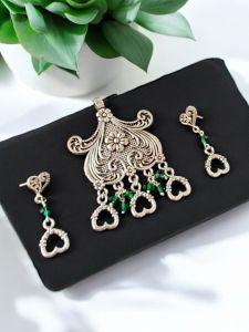 Oxidised pendant with crystals and charms drops and matching earrings