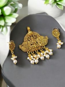 Oxidised pendant with Pearl and charms drops and matching earrings , Gold