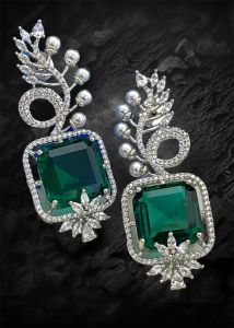 Party Wear Zircon Earrings, Platinum Color Plated