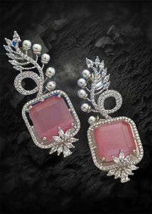 Party Wear Zircon Earrings, Platinum Color Plated
