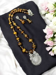 Tiger eye necklace with oxidised silver pendant 