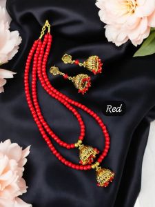 Agate beads with Jhumka Necklace , Red