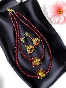 Agate beads with Jhumka Necklace , Maroon