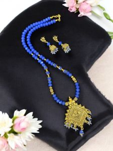 Crystal Necklaces with Jhumkas, Antique Gold finish , Blue