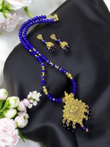 Crystal Necklaces with Jhumkas, Antique Gold finish , Dark Blue