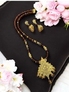 Crystal Necklaces with Jhumkas, Antique Gold finish , Honey Brown