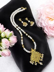 Crystal Necklaces with Jhumkas, Antique Gold finish , Milky White