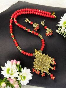 Crystal Necklaces with Jhumkas, Antique Gold finish , Orange