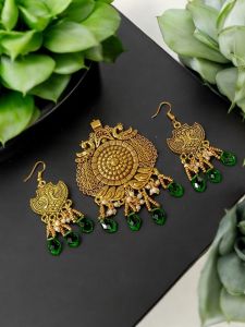 Oxidised pendant with crystals and Loreals and matching earrings , Gold