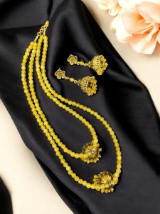Agate beads with Jhumka Necklace , Yellow