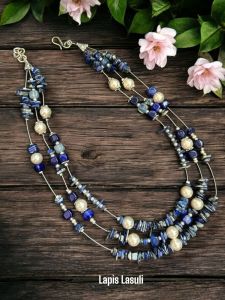 3 Layers with pearls and agates Lapis Lazuli chip in invisible wires Necklace , Blue
