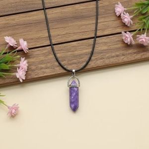 Navrabeads Malachite Purple Pencil Pendant Leather Cord Necklace for Women | Gemstone Minimal Statement Jewelry with Adjustable Lobster Clasp for Everyday Elegant Style