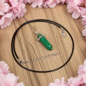 Navrabeads Malachite Green Pencil Pendant Leather Cord Necklace for Women | Gemstone Minimal Statement Jewelry with Adjustable Lobster Clasp for Everyday Elegant Style
