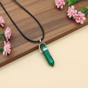 Navrabeads Malachite Green Pencil Pendant Leather Cord Necklace for Women | Gemstone Minimal Statement Jewelry with Adjustable Lobster Clasp for Everyday Elegant Style