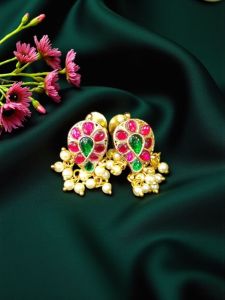Jadau Studs, Mango Design, Ruby Pink with Green