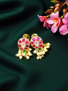 Jadau Studs, Mango Design, Ruby Pink with White