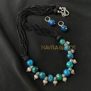 Gemstone Necklace, Seed and Onyx Beads, Greenish Blue & Black