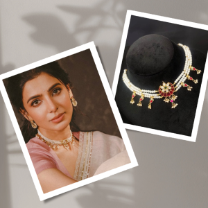 Samantha - 3 line Glass pearl choker with Kundan jadau pendant