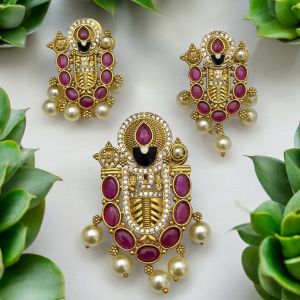 Matt Gold Finish Perumal (Tirupati Balaji) Pendant With Earrings, Ruby Pink