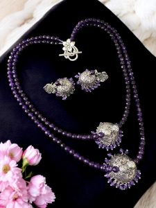 2 layer agate necklace with Tamil jhumka pendant Purple