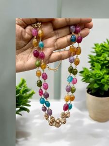 2 Layer Quartz Necklace With Antique Gold Beads,Royal Blue
