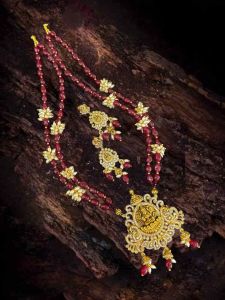 Antique gold Lakshmi pendant with quartz beads
