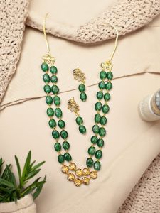 2 Layer Quartz Necklace With Antique Gold Beads, Dark Green