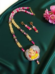  Lord Ganesha Tanjore Painting Pendant Beading Necklace